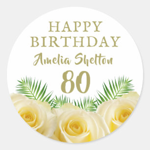 Gelbe Rose und Blätter Floral 80. Geburtstag Runder Aufkleber