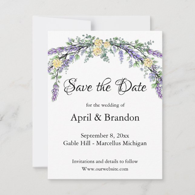 Gelbe Rose und Eukalyptus Save the Date (Vorderseite)