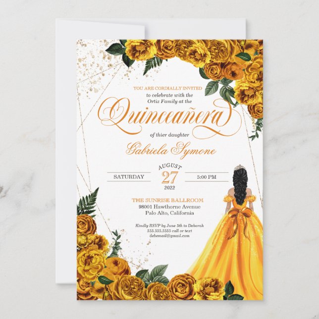 Gelbe Rose und Gold Elegante Quinceñera Einladung (Vorderseite)
