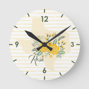 Gelbe Rose von Texas - Gingham-Staat mit Rosen Runde Wanduhr