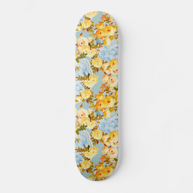Gelbe Rosen auf blau und aquamarin Skateboard (Vorderseite)