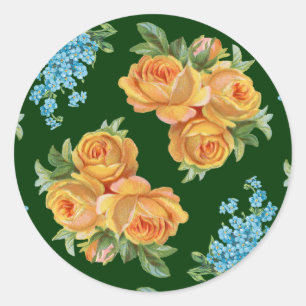 Gelbe Rosen-blaue Blumen auf grünem Aufkleber