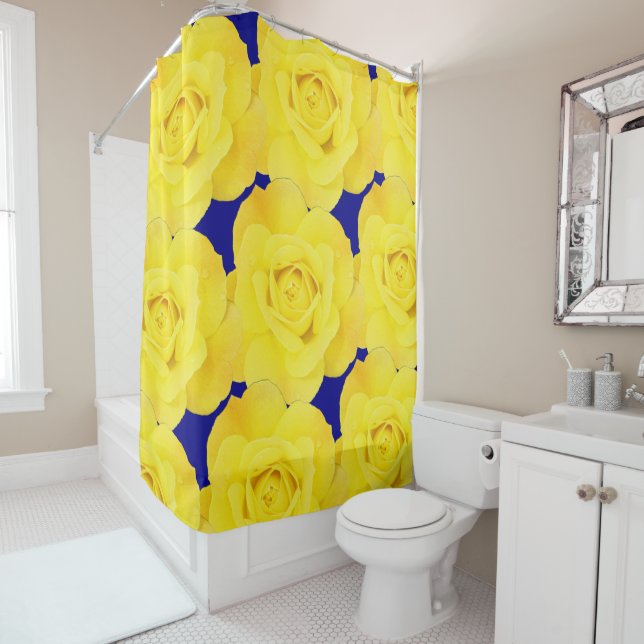 Gelbe Rosen Blume Gold Blumenmuster Navy Blau Duschvorhang (Beispiel)