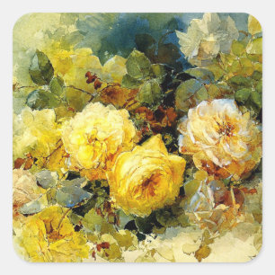 Gelbe Rosen, Blumenmalerei Quadratischer Aufkleber