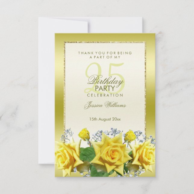 Gelbe Rosen & Gold Glitzer 25. Geburtstag Dankeskarte (Vorderseite)
