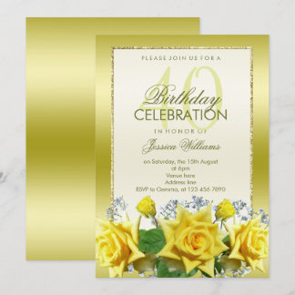 Gelbe Rosen & Gold Glitzer 40. Geburtstag Einladung