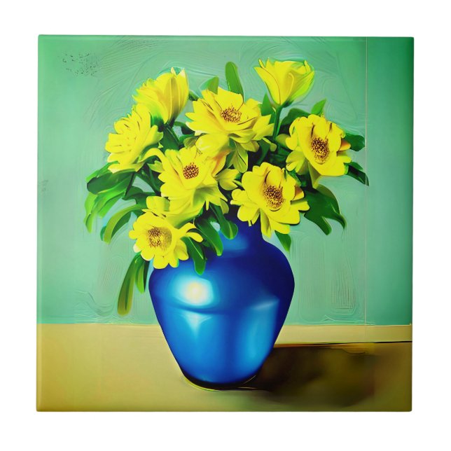 Gelbe Rosen in Blauer Vase Boho Kunst Fliese (Vorderseite)