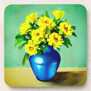 Gelbe Rosen in Blauer Vase Boho Kunst Getränkeuntersetzer