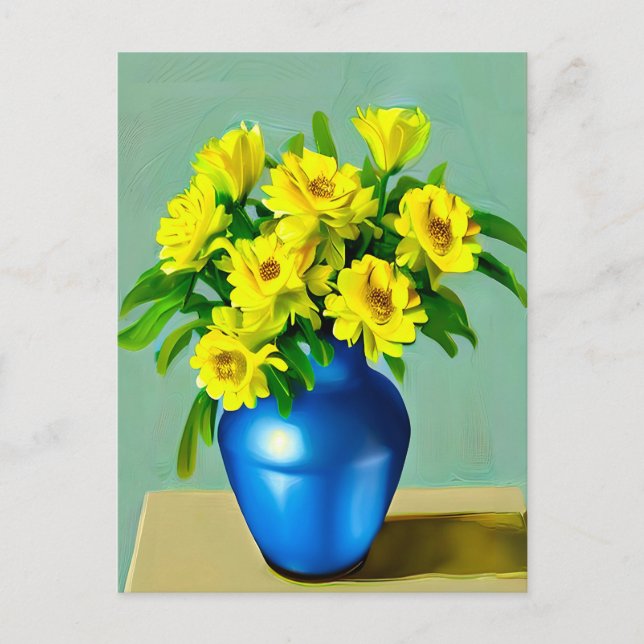 Gelbe Rosen in Blauer Vase Boho Kunst Postkarte (Vorderseite)