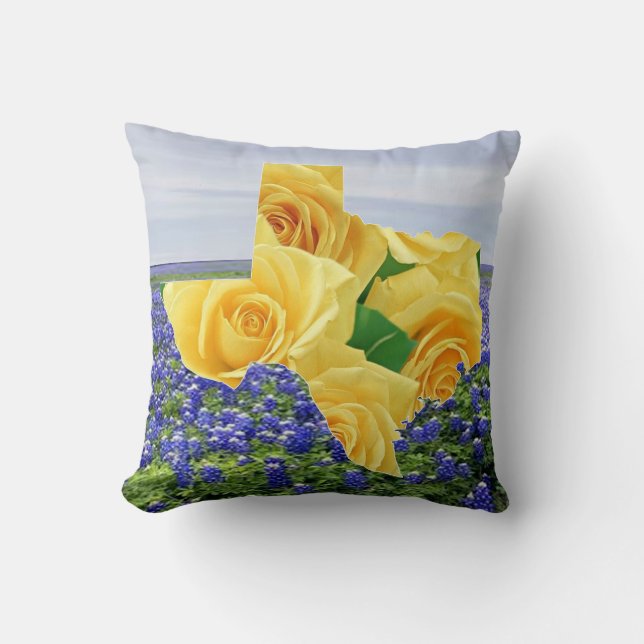 Gelbe Rosen in der Form von Texas auf Bluebonnets Kissen (Vorderseite)