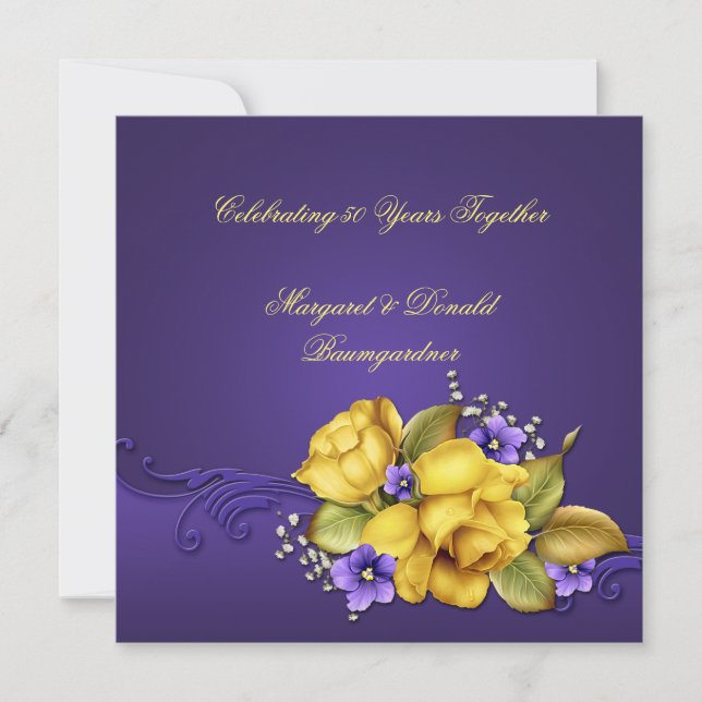 Gelbe Rosen Lila Violetten 50 Jahre alt Einladung (Vorderseite)