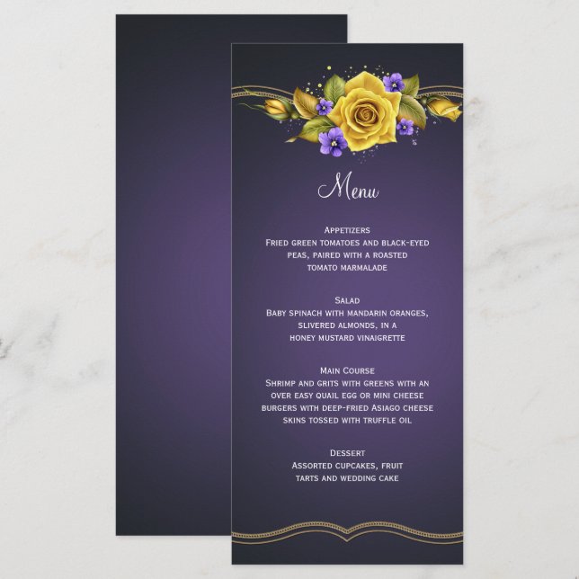 Gelbe Rosen Lila Violetten Menükarte (Vorne/Hinten)