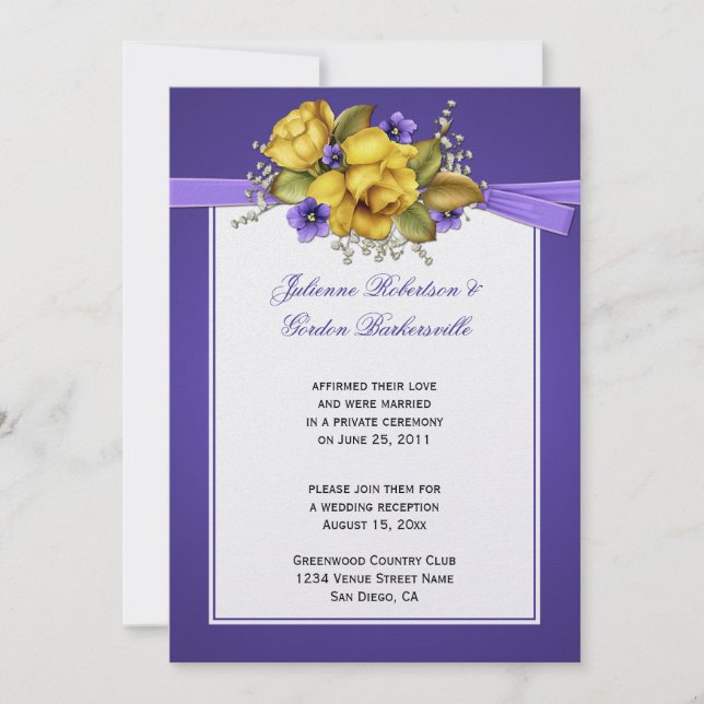 Gelbe Rosen Lila Violetten Post Hochzeit Einladung (Vorderseite)