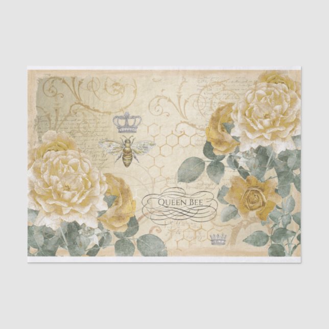 Gelbe Rosen mit Damask Floral Queen Bee Seidenpapier (Vorderseite)
