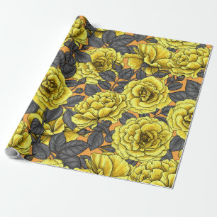 Gelbe Rosen mit grauen Blätter auf Orange Geschenkpapier
