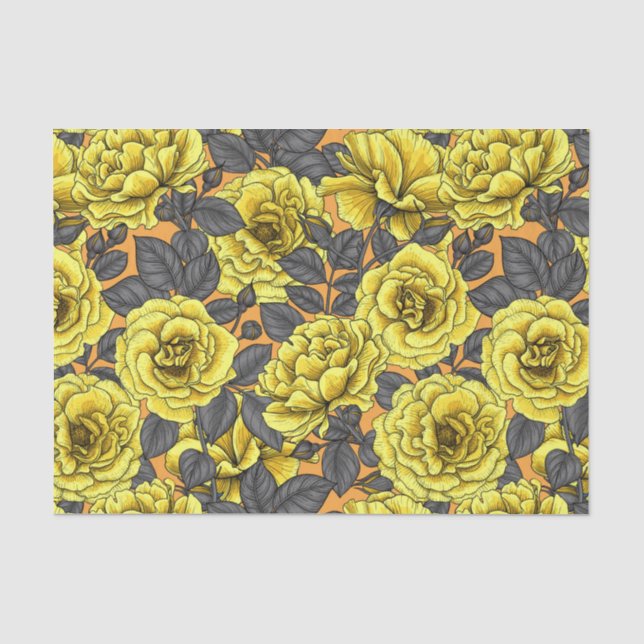 Gelbe Rosen mit grauen Blätter auf Orange Seidenpapier (Vorderseite)