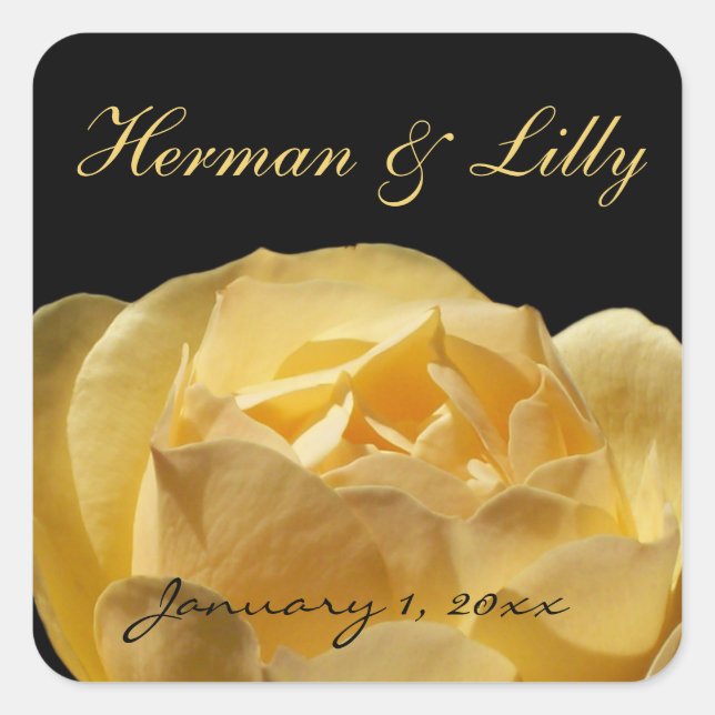 Gelbe Rosen-personalisierte Hochzeit Quadratischer Aufkleber (Vorderseite)