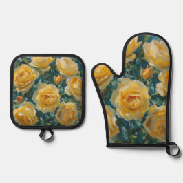 Gelbe Rosen Sommerblumen Malerei  Ofenhandschuh & Topflappen-Set