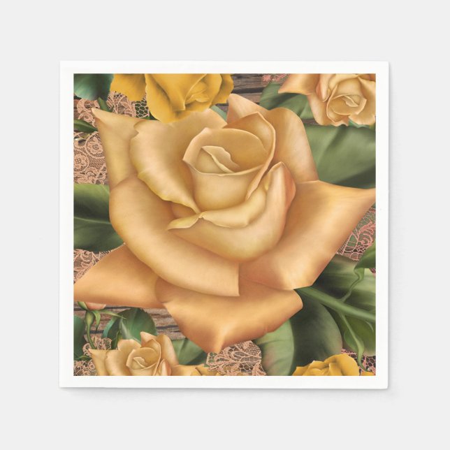 Gelbe Rosen und rustikales Brautparty aus Holz Serviette (Vorderseite)
