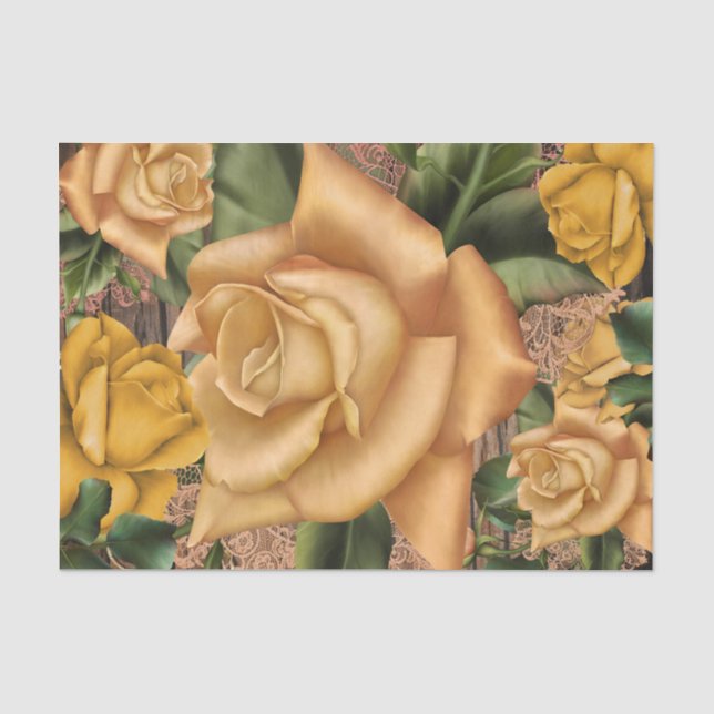 Gelbe Rosen und rustikales Shabby Chic aus Holz Seidenpapier (Vorderseite)
