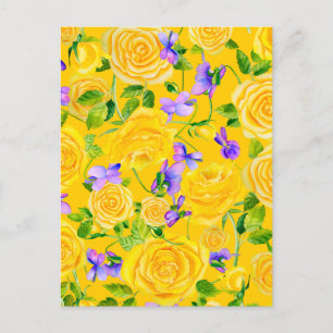 Gelbe Rosen und Veilchen Floral   Postkarte
