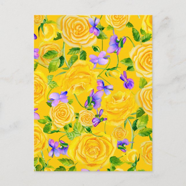 Gelbe Rosen und Violetten Postkarte (Vorderseite)