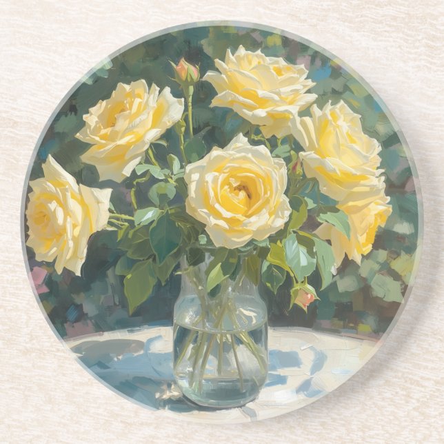 Gelbe Rosen Vase Impressionismus Getränkeuntersetzer (Vorne)
