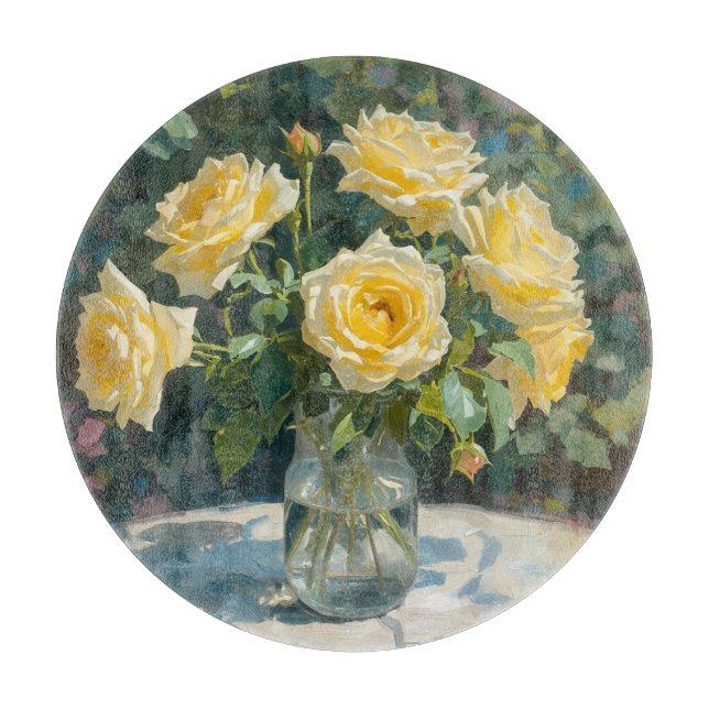 Gelbe Rosen Vasen Impressionismus Schneidebrett (Vorderseite)