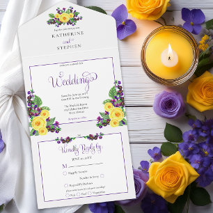 Gelbe Rosen   Veilchen Boho Florale Hochzeit All In One Einladung