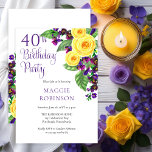 Gelbe Rosen Violets Blumengestelle 40. Hochzeit Ge Einladung<br><div class="desc">Die 40. Geburtstagsfeier mit gelben Rosen und lila Veilchen ist die Grundlage dieses kaskadierenden Blumendesigns mit lila Schriftzeichen. Composite Design von Holiday Hearts Designs (Rechte vorbehalten).</div>