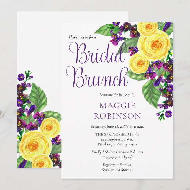 Gelbe Rosen | Violets Boho Floral Bridal Brunch Einladung (Vorne/Hinten)