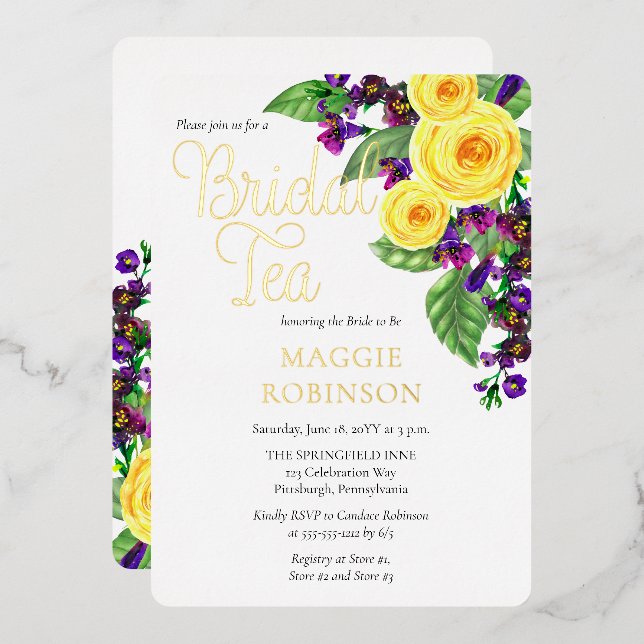 Gelbe Rosen | Violets Boho Floral Bridal Teezeremo Folieneinladung (Vorderseite/Rückseite)