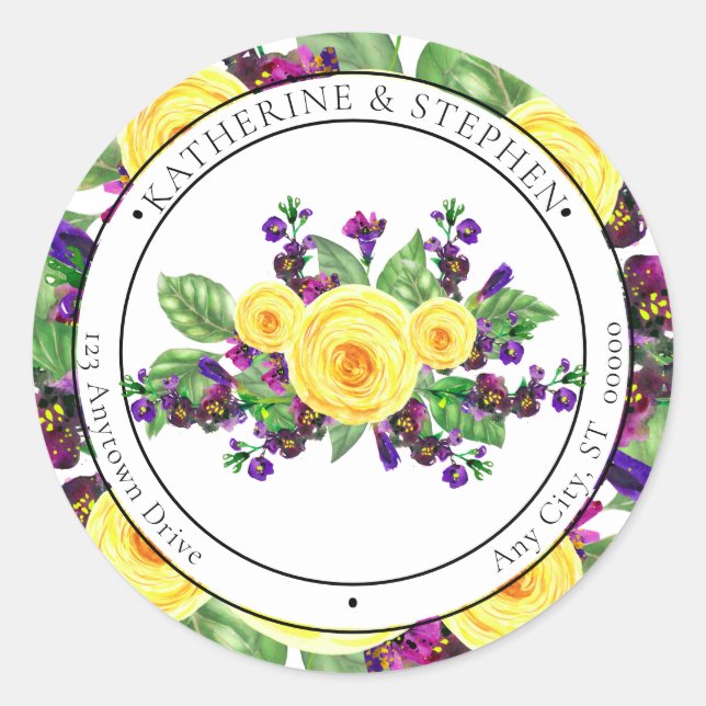 Gelbe Rosen | Violets Boho Floral Rücksendeadresse Runder Aufkleber (Vorderseite)