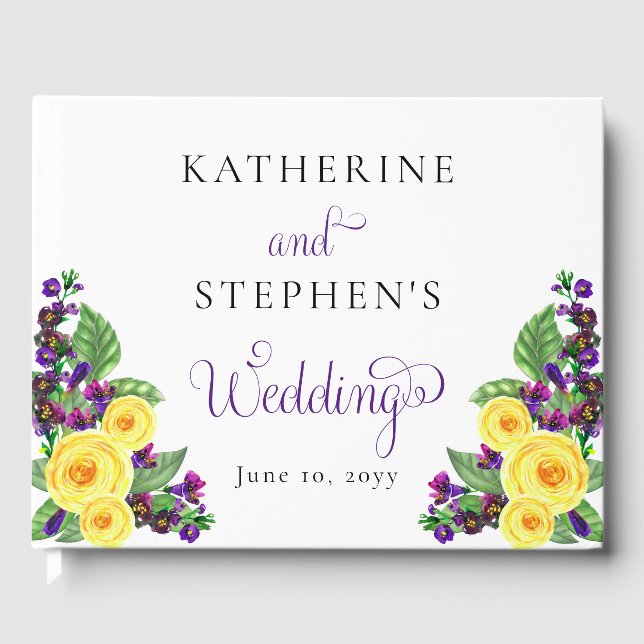 Gelbe Rosen | Violets Boho Floral Wedding Foto Gästebuch (Vorderseite)