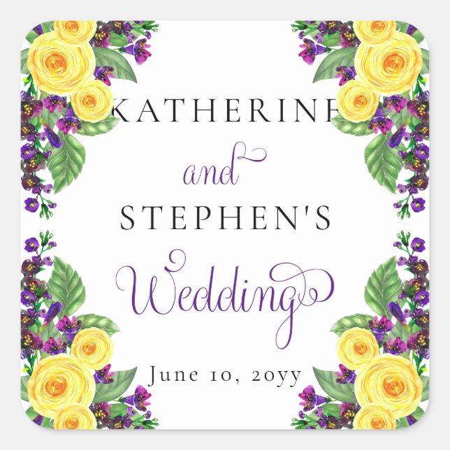Gelbe Rosen | Violets Boho Floral Wedding Quadratischer Aufkleber (Vorderseite)