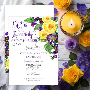 Gelbe Rosen Violett 50. Hochzeitstag-Party Einladung