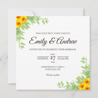 Gelbe Rosenblatt-Blumen-Aquarell-Quadrat-Hochzeit Einladung