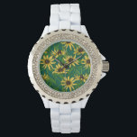 Gelbe Rudbekie auf dunkelgrün Armbanduhr<br><div class="desc">Handgemalt Vektormuster mit gelben rudbekischen Blume</div>
