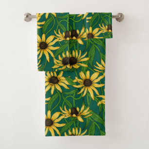 Gelbe Rudbekie auf dunkelgrün Badhandtuch Set