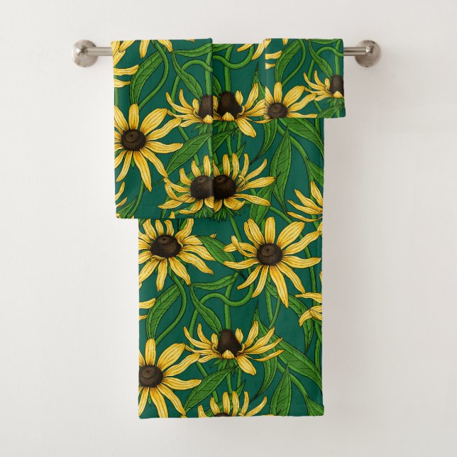 Gelbe Rudbekie auf dunkelgrün Badhandtuch Set (Insitu)