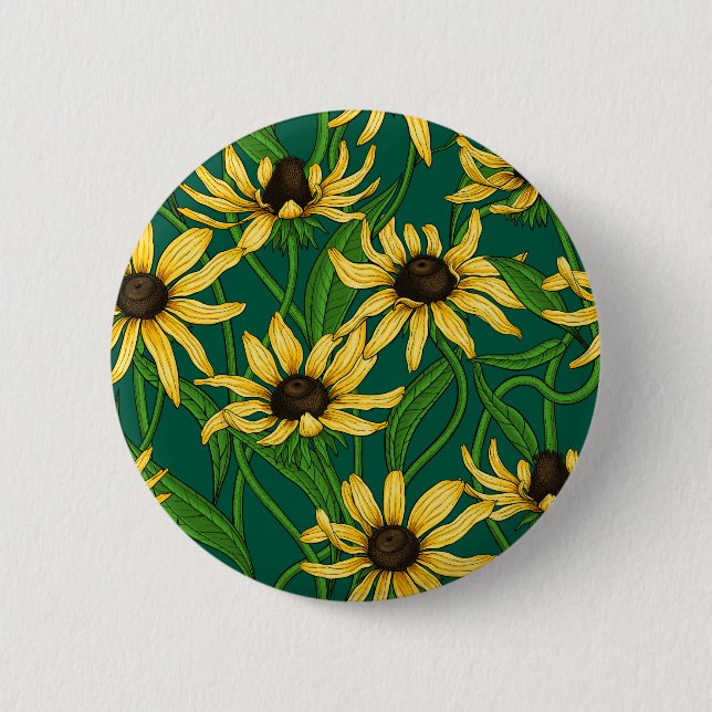 Gelbe Rudbekie auf dunkelgrün Button (Vorderseite)