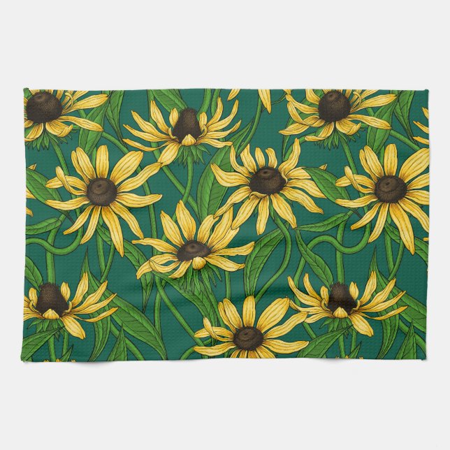 Gelbe Rudbekie auf dunkelgrün Geschirrtuch (Horizontal)