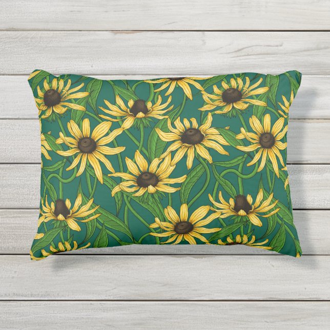 Gelbe Rudbekie auf dunkelgrün Kissen Für Draußen (Vorderseite)