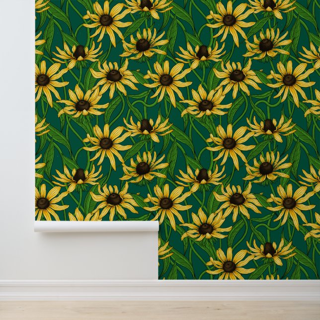 Gelbe Rudbekie auf dunkelgrün Tapete (Anwendung)