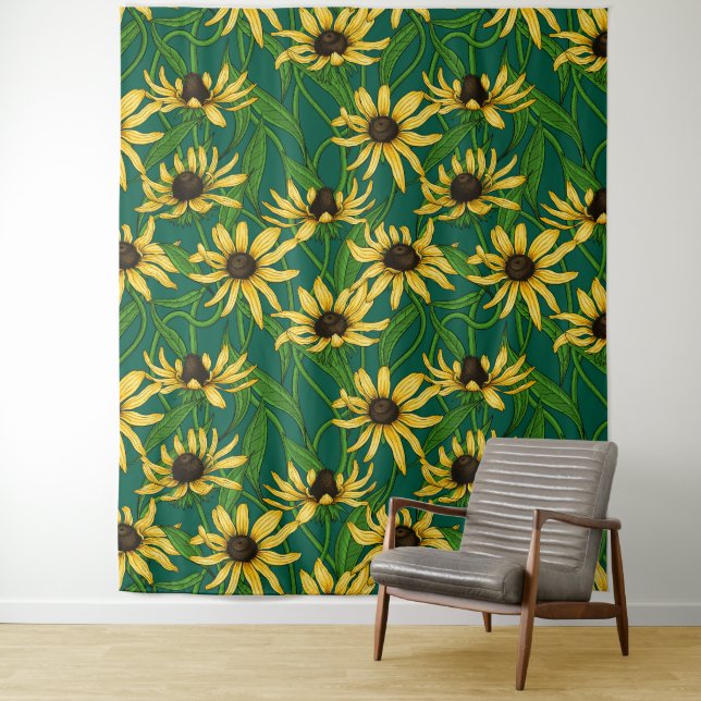 Gelbe Rudbekie auf dunkelgrün Wandteppich (Beispiel)