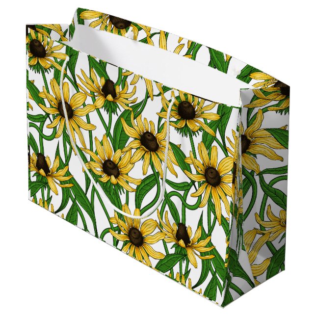 Gelbe Rudbekie auf Weiß Große Geschenktüte (Rückseite Schrägansicht)
