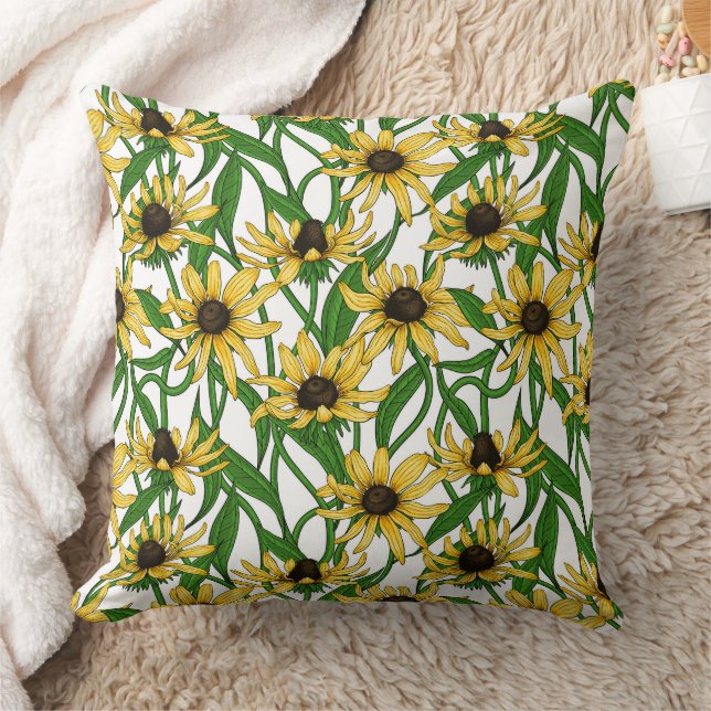Gelbe Rudbekie auf Weiß Kissen (Decke)