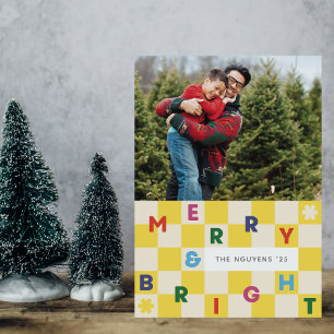 Gelbe Schachbrett-Merry-&-Bright-Weihnachtskarte Einladung