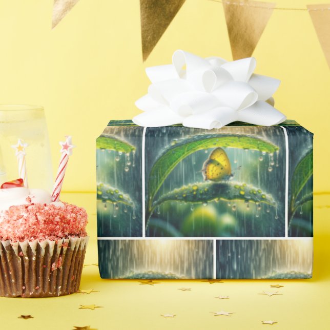 Gelbe Schmetterling in einer Regendusche Geschenkpapier (Geburtstagsparty)