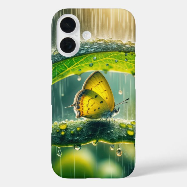 Gelbe Schmetterling in einer Regendusche iPhone 16 Hülle (Rückseite)